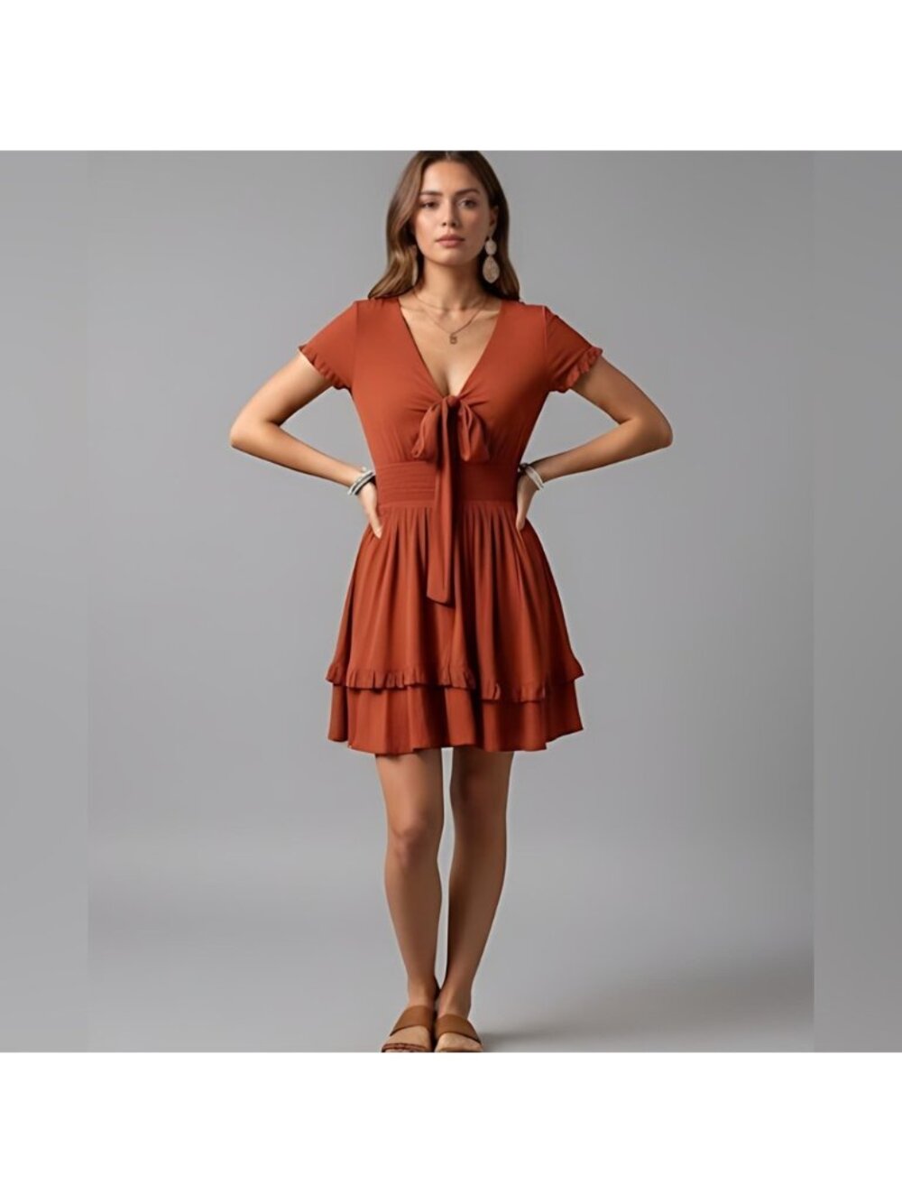 Boho Rust Tie Front Ruffle Hem Dress*